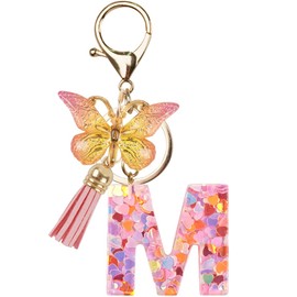 Capaneus Keyring Girl Key Chain Letter Key Chain with Initial Letter Pink Butterfly Name Pendant for Women and Girls, m