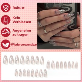 MrCuvaryas Oval False Nails Short, Artificial Nails in White European Flame Style, Oval Nails for Sticking Short, Glossy Almond Artificial Nails Press on Nails (Silver Flame, Standard 24 Pieces)
