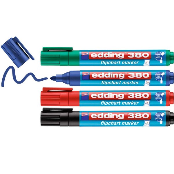 edding 380 flipchart marker - set van 4 - zwart, rood, blauw, groen - roonde punt 1,5-3 mm - stift voor schrijven, tekenen en markeren op flip-over papier - drukt niet door - droogt niet uit