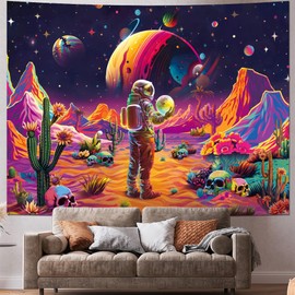 Dermijer Astronaut Tapestry Space Planet Mountains Tapestry Desert Cactus Flower Tapestry Trippy Skull Aesthetic Tapestry Wall Hanging for Home Decor W78.7×H59.1