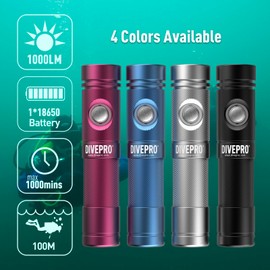 DIVEPRO S10 1000 Lumen Dive Light Scuba Diving Flashlight Dive Torch Rechargeable - 4 Modes Underwater Light IPX8 Waterproof Flashlight - 100M Water-Resistant Dive Torch for Safety Night Diving(Red)