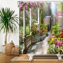 SDOTPMT 105x160cm Schöne Garten Landschaft Duschvorhang Vintage Garten Architektur Säulen Blühende Blumen Bad Vorhang 3D Duschvorhang Badezimmer Langlebig und waschbar mit Haken