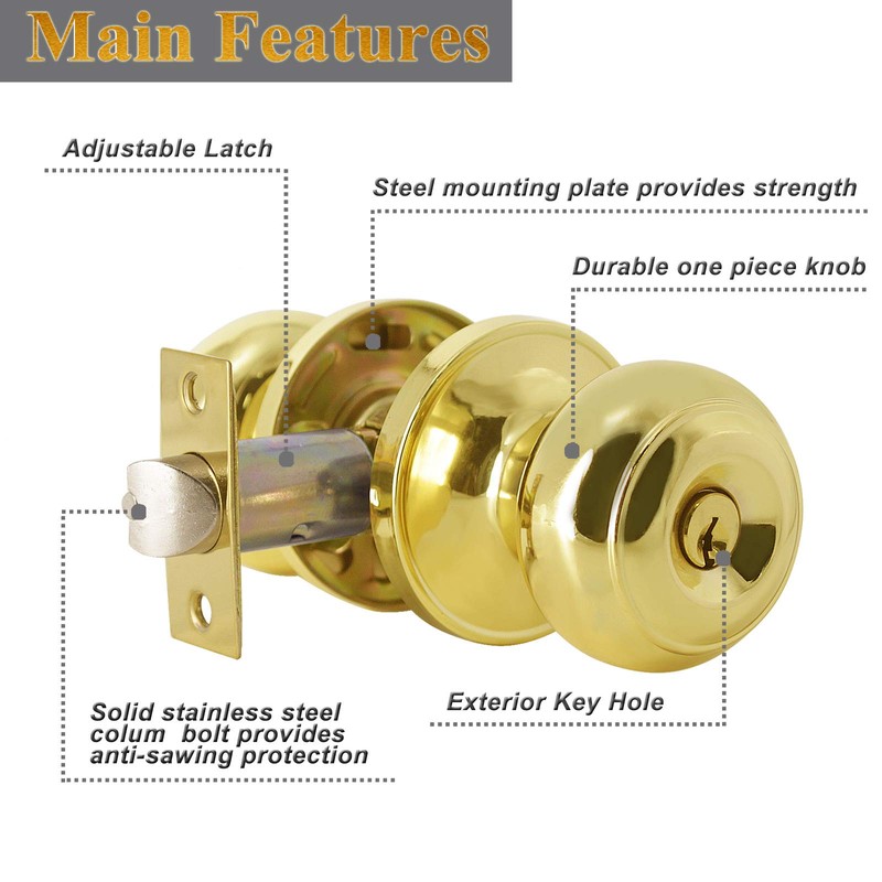 Probrico Polished Brass Keyed Alike Entry Door Knobs, Ball Door