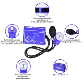 Scian Manual Blood Pressure Monitor - Aneroid Sphygmomanometer with D-Ring Universal Cuff 22-42cm Carrying Bag for Nurses, Doctors, Seniors, Adults (Blue)