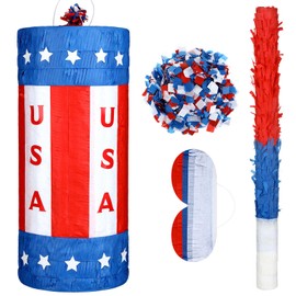 Vertintong 17'' 4th of July USA Patriotic Firecracker Pinata American Flag Red White and Blue Pinatas with Stick Blindfold and Confetti for Adults Fourth of July Veterans Independence Day Party Decor