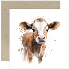 Old English Co. Watercolour Cow Calf Greeting Card for Birthday - Cute Farm Birthday Card for Mum, Nan, Her - Wildlife Art Card for Thinking of You, Thank You, Just Because | Blank Inside