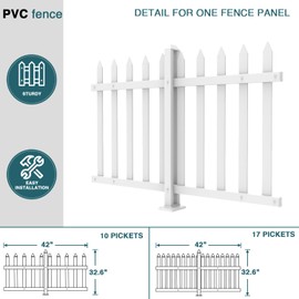 ECOOPTS 1 Set 32.6" Hx84 W Vinyl Picket Fence Panels White Decorative Fence for Porch Yard Garden Patio Walkways Pool (20 Pickets, Straight)