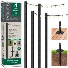 EXCELLO GLOBAL PRODUCTS Bistro String Light Poles - 4 Pack - Extends to 10 Feet - Universal Mounting Options Included with 100 ft. of G40 LED Lights (100 Lights)