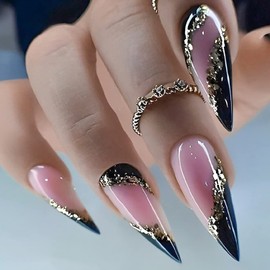 24Pcs Medium Press on Nails Artificial Acrylic Fake Nails with Gold Foil Glitter Designs Full Cover Reusable Black Nail Tips Almond Glossy False Nails Women Glue on Nails Stick on Nails for Nail Art