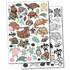 Turtles and Tortoises Temporary Tattoo Water Resistant Fake Body Art Set Collection - Black (One Sheet)