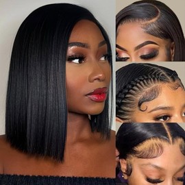 RMOARIWR Bob Wig Human Hair 180% Density 13x4 HD Transparent Lace Front Wigs Human Hair Pre Plucked Short Bob Glueless Straight Wigs Human Hair for Women Natural Black 14 Inch