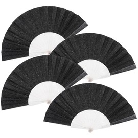 4 Pack Glitter Women Handheld Fan with Shining Transparent Fan Rib – Ideal for Wedding, Church, Festival, Dance, Tea Party, Club, and EDM Accessories, Black