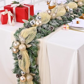 5.9 FT Christmas Garland Decorations, Luxury Christmas Gold Garland for Mantle, Christmas Flocked Garland with Ribbons Silver Gold Ball Pinecones, Frosted Garland Decor for Front Door Fireplace Table