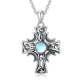 LONAGO Moonstone Necklace Sterling Silver Celtic Cross Pendant Necklace Celtic Knot Jewelry Gifts for Women with 18’’+2’’ inch Rolo Chain (with Gift Box)