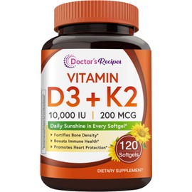 Doctor's Recipes Vitamin D3 K2, 10,000 IU, 200 mcg, MK-7, Strong Bone Density, Teeth, Immune, Heart Support, Energy, Calcium Absorption, No Soy & Gluten, Non-GMO, 120 Softgels