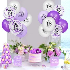 RUMIA 18th Purple Birthday Balloons Decorations, 16 PCS Purple White Confetti Latex Balloons for Girs 18th Happy Birthday Party Wedding Anniversary Indoor Outdoor Party Supplies,12 Inch