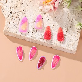 Press on Nails Medium Length Almond False Nails 3D French Coffin Nails Colorful Full Cover Artificial Stick on Nails Reusable Acrylic Nails Handmade Glue on Nails for Women Manicure Kit 24Pcs