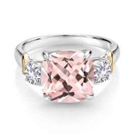 925 Silver and 10K Yellow Gold Peach Nano Morganite and White Created Sapphire 3 Stone Ring For Women (4.82 Cttw, Gemstone October Birthstone, Cushion 10MM, Round 4MM, Available In Size 5, 6, 7, 8, 9)