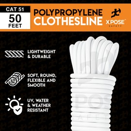 Plastic Clothes Line - White Clothesline Outdoor Weather Resistant - Synthetic Cord for Hanging Drying Clothing & Laundry - Plastic Rope Clothes Line String for Pulley (6, 5/32" x 50FT)