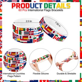 Threehoney 60 Pcs International World Country Flags Wristbands Silicone Bracelets American Flags Wristband International Sport Events Party Favor Around The World for Back to School Office Supplies