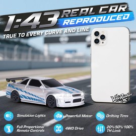 VoleRusher RC [4WD Edition 1/43 Scale Mini RC Drift Car, Toys for Age 8-14 Old Birthday Gifts, High Speed Racing Micro Small with Full Proportional RTR 2.4GHz Remote 2 Tire Sets 8 Cones - Silver Blue