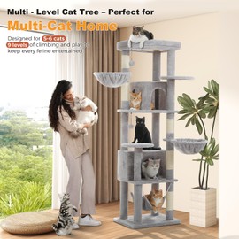 MUTTROS 71.2" Tall Cat Tree for Indoor Cats Adult, 9-Levels Large Cat Tower with 5 Sisal Posts, 3 Hammocks, 2 Codons, Big Perch & 3 Pom Poms for Multi Cats Household– Plush Gray