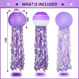 6 Packs Jellyfish Paper Lanterns Hanging Mermaid Wishes Lantern Gradient Purple Lavender Purple Ocean Theme Party Supplies Great for Kids Birthday Decors, Baby Shower Baby Room