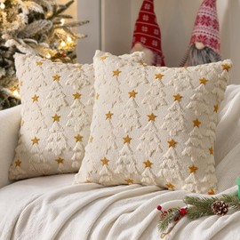 MIULEE Christmas Pillow Covers 18x18 Inch Set of 2, Beige Christmas Tree Plush Faux Fur Pillowcases Soft Decorative Throw Pillow Cases for Couch Sofa Living Room Winter Xmas Holiday Home Decor