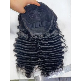 Quick to Install 3-In-1 Half Wig 180% Density Kinky Curly Burmese Curly Glueless Flexi-Fit Drawstring Half Wigsstyle: Deep Wave, color: Natural Black Half wig 180% density, Stretched Length: 16 Inches