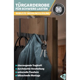 Menz Door Coat Rack for Hanging, Made of Stainless Steel, Black, Premium Door Hook for Hanging as a Coat Hook Door or Towel Holder Door, Extremely Durable, Space-Saving Door Hook Rail