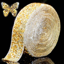 Locacrystal Bling Rhinestones Ribbon Self-Adhesive Iron on Resin Diamond Crystal Ribbon Wrap Roll DIY Rhinestone Stickers for Wedding Clothing Cars Crafts Dress Decoration(Gold+White,1.18inch 3yard)