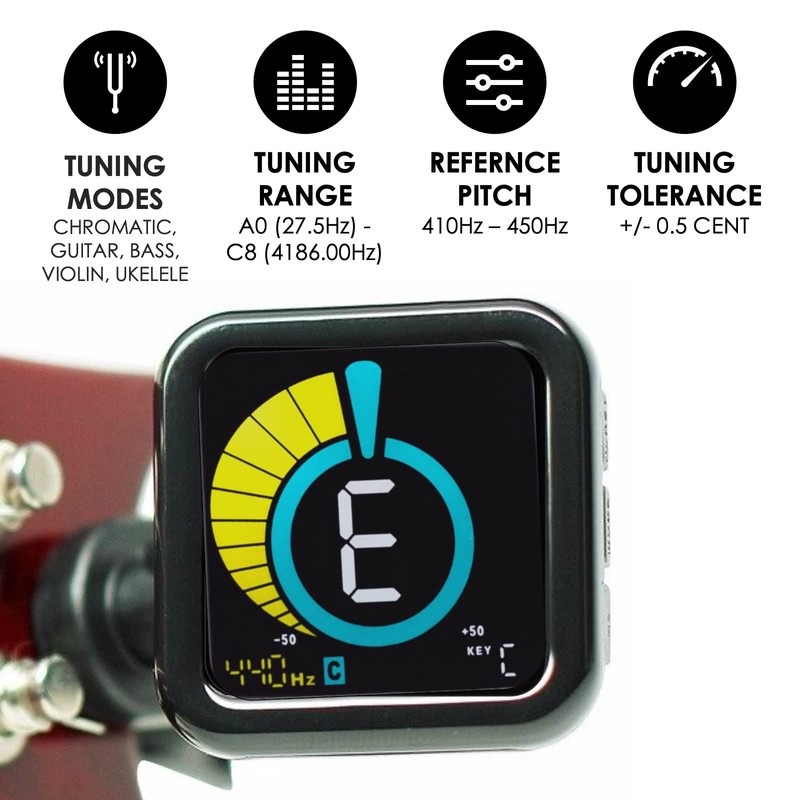 KLIQ UberTuner-Max, USB-Rechargeable Clip-On Tuner for Guitar, Bass, Violin, Ukulele