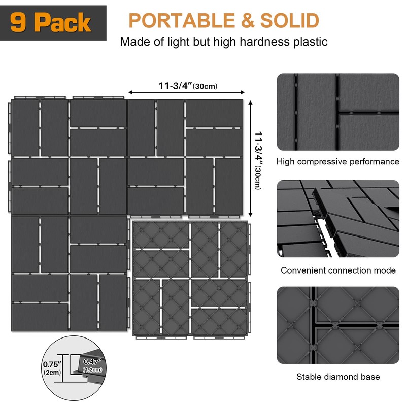 Goovilla Plastic Interlocking Deck Tiles, 9 Pack Outdoor Patio Flooring,