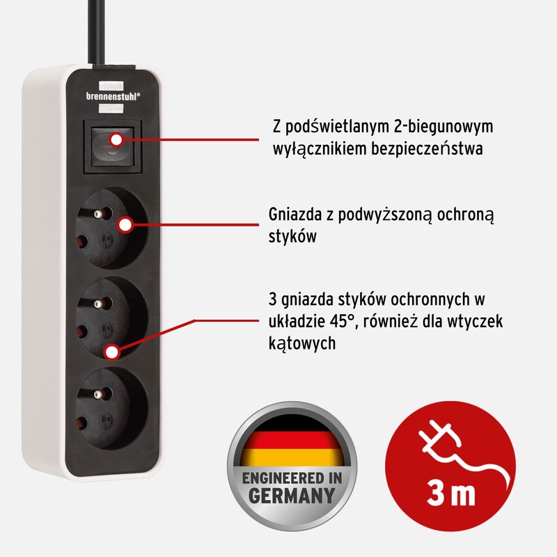 Brennenstuhl Ecolor Triple Junction Box with Switch and 3.00 m