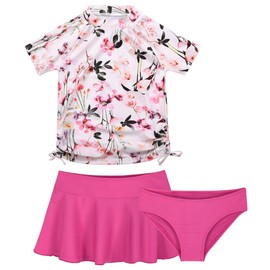 Cadocado Toddler Girls Rash Guard Swimsuit 3 Pieces High Neck Swim Top UPF 50+ Sun Protection Bathing Suit,Flower Print,3Y