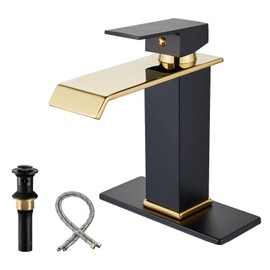 Aection Waterfall Bathroom Faucets, Black & Shiny Gold Bathroom Sink Faucet，Modern Single Hole Single Handle Vanity Faucet for 1 or 3Hole with Metal Pop Up Drain