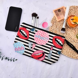 Funny Lips Print Makeup Bag for Women Girls Stripe Travel Cosmetic Pouch for Best Friend Bestie Anniversary Birthday Gifts for Daughter Fashionistas Lipstick Print Make up Organizer Makeup Lover Gift