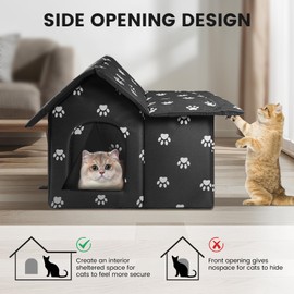 Cat House for Outdoor Winterproof Waterproof Dog Cave Dog House Animal Shelter for Stray Pets, Cat Mat Removable Transparent Curtain, Black