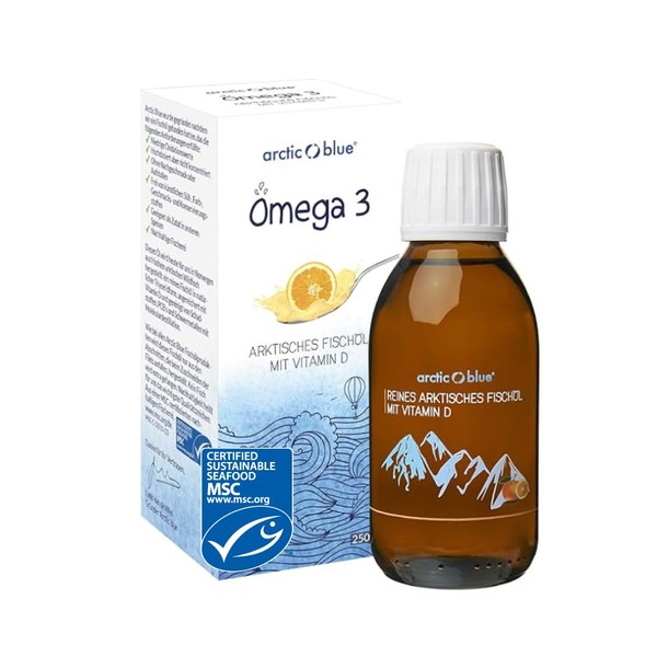 Arctic Blue Omega 3 Fish Oil - 250ml Liquid - High Dose with DHA, EPA and Vitamin D - No Belching or Fish Odour - Arctic Fish Oil - MSC Certified - Orange Flavour
