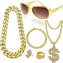 6Pcs Hip Hop Costume Set, Rapper Hippie Accessories with Golden Chain Necklace Disco Dollar Sign Rings Retro Sunglasses Bracelet Fancy Dress for Women Men 80s 90s Carnival Party Supplies