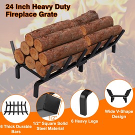 FEED GARDEN Fireplace Grate 24 inch Heavy Duty Fireplace Log Holder, 1/2" Solid Steel Bar Fire Pit Grate for Indoor Outdoor, Wood Stove Fireplace Accessories Wrought Iron Firewood Burning Rack