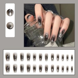 24PCS Grey Black Press on Nails Medium Length Fake Nails Glossy White Silver False Nails Star Moon Blush designs Artificial Acrylic fingernails for Women Girls Full Cover Glue on Nails