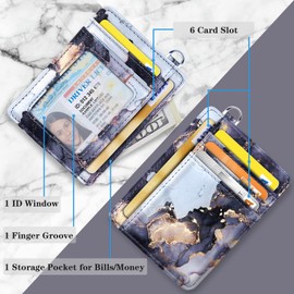 Slim Front Pocket Wallet RFID ID Card Holder Cute Small Wallet with Keychian for Women, Z Grey Marble+lanyard, Card Holder+Lanyard