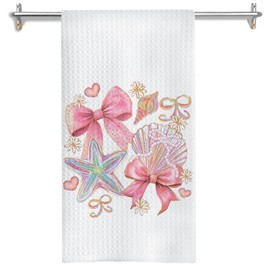 GOOZHO Coquette Pink Bow Coastal Beach Kitchen Towels, Preppy Pink Seashell Starfish Dish Tea Towels for Kitchen Decor, Girly Beachy Nautical Hand Towel, 16x24 Inches