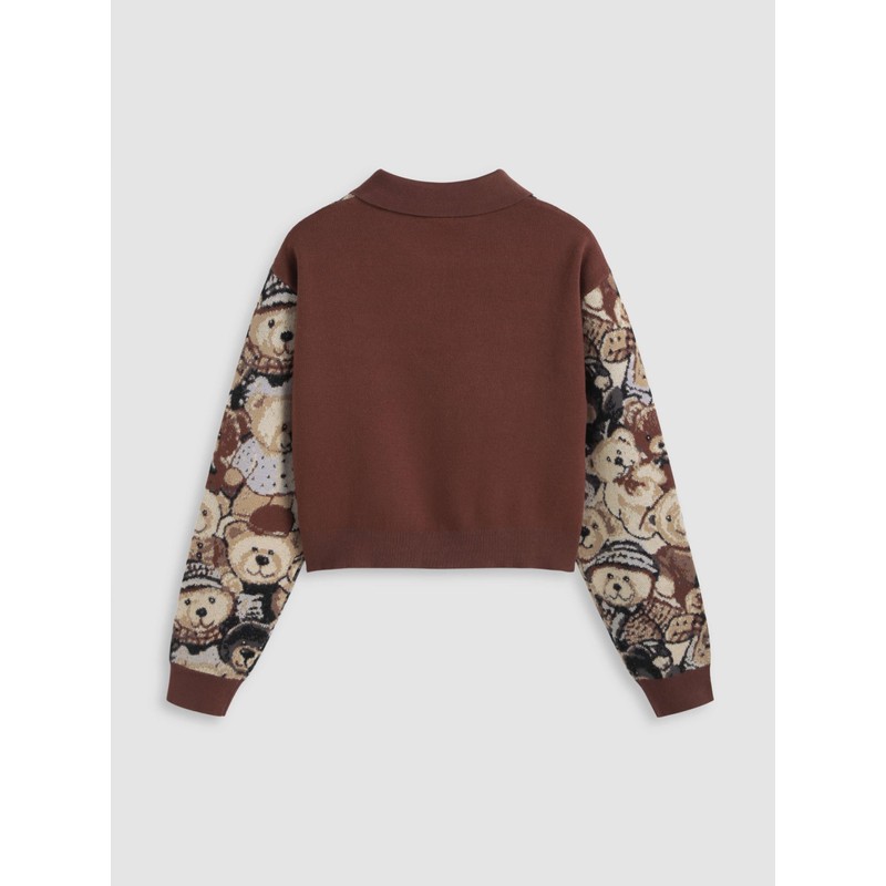 CIDER Polo Position Bear Button Knitted Long Sleeve Sweater Brown