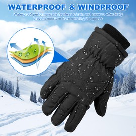 Mayoii Winter Waterproof Kids Ski Gloves, Fleece Lined Thermal Snow Mittens Cold Weather Warm Windproof Glove for 4-14 Years Old Boys Girls Children Snowboard Skating Outdoor Activities (Black-S)