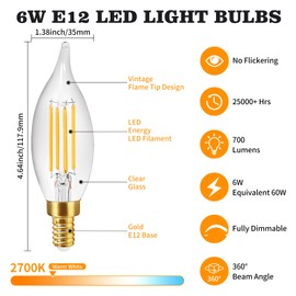 weddeg Dimmable E12 LED Candelabra Bulbs 60 Watt Equivalent, 2700K Warm White 700 Lumen Chandelier Light Bulbs, 6W Flame Tip CA11 Candle Light Bulbs, 90+CRI, 12-Pack
