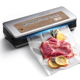 Anybear Vacuum Sealer Machine, 90kPa 120W Wide Seal All-IN-1 Powerful Food Storage, Build-in Cutter | Bags Storage | Digital Countdown Display | 2 Bag Rolls and 5pcs Pre-cut Bags (Silver Wood Grain)