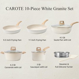 CAROTE Pots and Pans Set Nonstick, White Granite Induction Kitchen Cookware Set, 10 Pcs Non Stick Cooking Set w/Frying Pans & Saucepans(PFOS, PFOA Free)