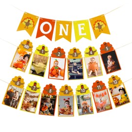 Thanksgiving Turkey One Banner and Thanksgiving Turkey 12 Month Banner - Turkey 1st Birthday Photo Banner,Thanksgiving Turkey 1st Birthday Decorations,Thanksgiving 1st Birthday Photo Banner Decor